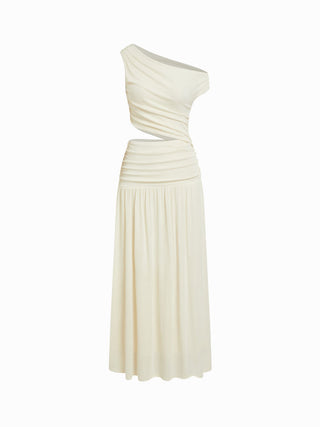 Asymmetrical Neck Ruched Waist Cutout High Stretch Bodycon Maxi Dress