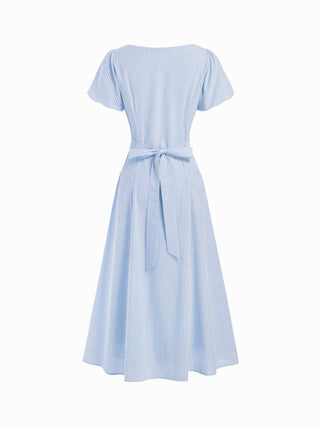 Cotton-blend Striped Ruched Tie Back Maxi Dress