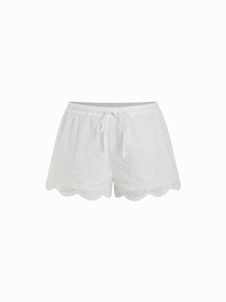 Mid Rise Lace Drawstring Scallop Hem Shorts