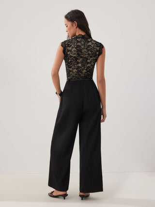 Lace Stand Collar Mid Rise Wide Leg Jumpsuit With Belt