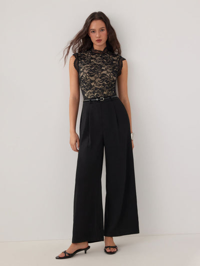 Lace Stand Collar Mid Rise Wide Leg Jumpsuit With Belt