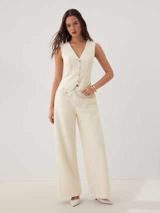 Cotton-blend Textured V-neck Blazer Vest With Metal Button Detail