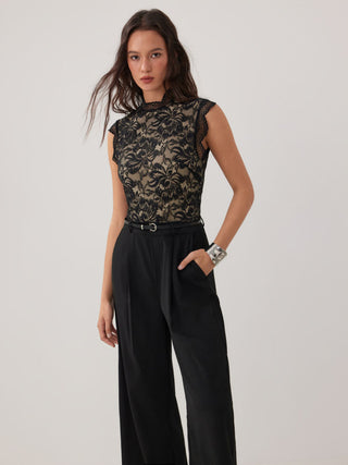 Lace Stand Collar Mid Rise Wide Leg Jumpsuit With Belt