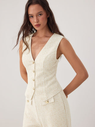 Cotton-blend Textured V-neck Blazer Vest With Metal Button Detail