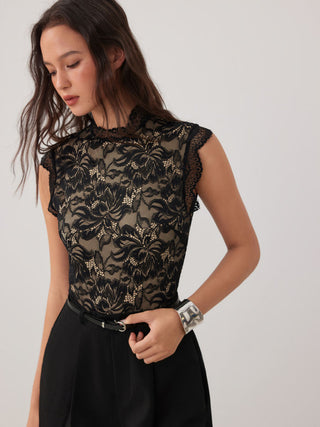 Lace Stand Collar Mid Rise Wide Leg Jumpsuit With Belt