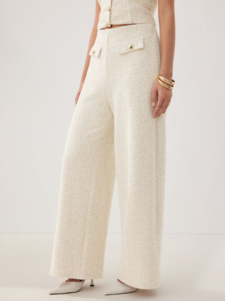 Cotton-blend Textured Mid Rise Wide Leg Trousers With Metal Detail