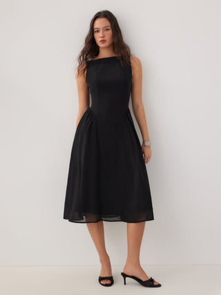 Chiffon Boat Neck Draped A-line Midi Dress