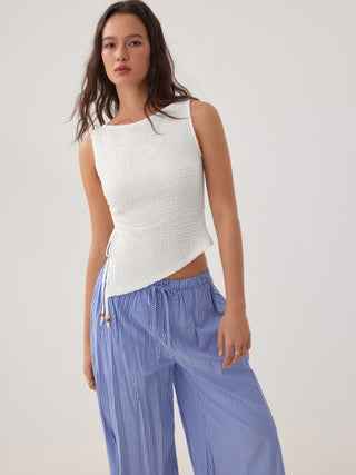 Cotton-blend Textured Drawstring Tank Top & High Rise Striped Joggers Set