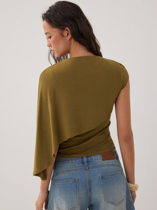 Knit Round Neckline Asymmetrical Cape Overlay Short Sleeve Top