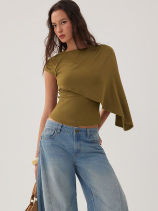 Knit Round Neckline Asymmetrical Cape Overlay Short Sleeve Top
