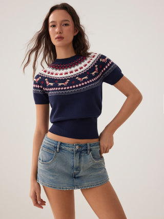 Knit Dachshund Graphic Puff Sleeve Short Sleeve Top