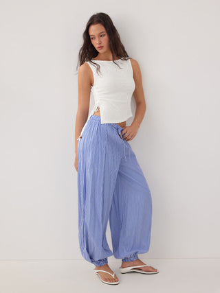 Cotton-blend Textured Drawstring Tank Top & High Rise Striped Joggers Set