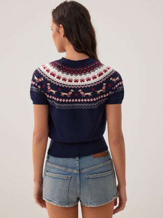 Knit Dachshund Graphic Puff Sleeve Short Sleeve Top