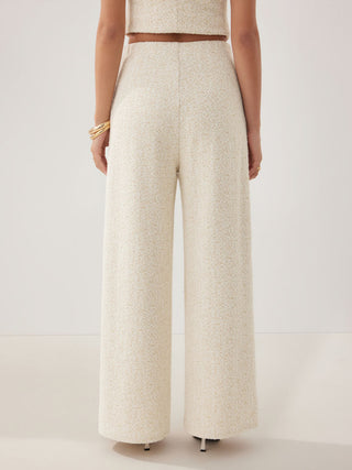 Cotton-blend Textured Mid Rise Wide Leg Trousers With Metal Detail