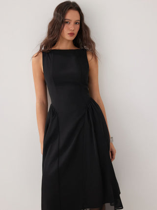 Chiffon Boat Neck Draped A-line Midi Dress