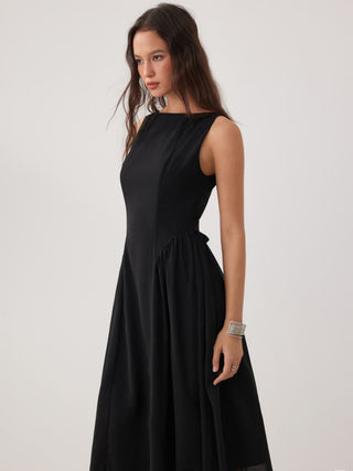 Chiffon Boat Neck Draped A-line Midi Dress
