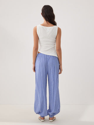 Cotton-blend Textured Drawstring Tank Top & High Rise Striped Joggers Set