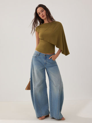 Knit Round Neckline Asymmetrical Cape Overlay Short Sleeve Top