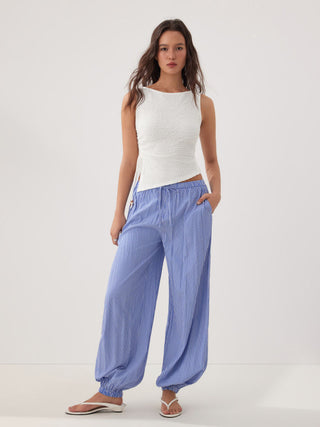 Cotton-blend Textured Drawstring Tank Top & High Rise Striped Joggers Set