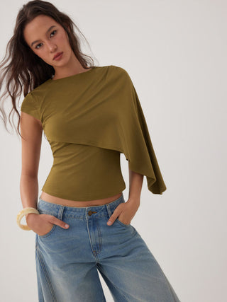 Knit Round Neckline Asymmetrical Cape Overlay Short Sleeve Top