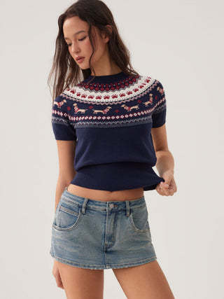 Knit Dachshund Graphic Puff Sleeve Short Sleeve Top