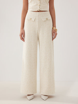 Cotton-blend Textured Mid Rise Wide Leg Trousers With Metal Detail