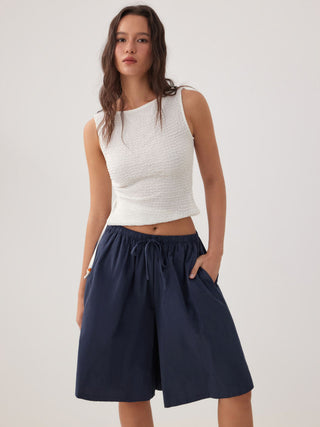 Cotton Mid Rise Drawstring Oversized Bermuda Shorts
