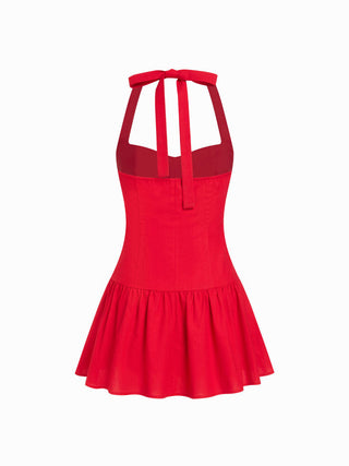 Linen-blend Halter Neckline Bowknot A-line Mini Dress