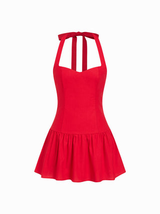 Linen-blend Halter Neckline Bowknot A-line Mini Dress