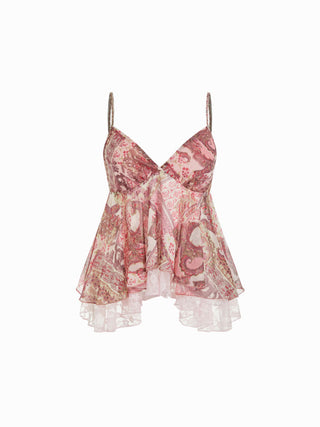 Chiffon Paisley Graphic V-neck Lace Panel Cami Blouse
