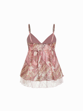 Chiffon Paisley Graphic V-neck Lace Panel Cami Blouse