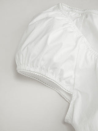Cotton-blend Scoop Neckline Puff Sleeve Ruched Lace Trim Blouse