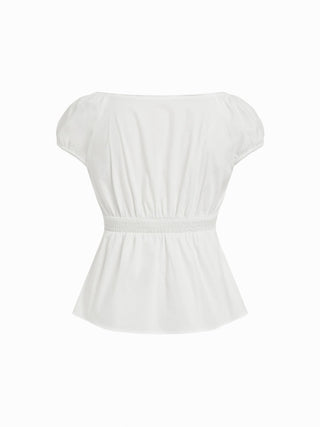 Cotton-blend Scoop Neckline Puff Sleeve Ruched Lace Trim Blouse