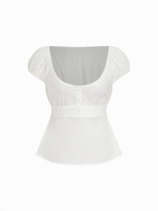 Cotton-blend Scoop Neckline Puff Sleeve Ruched Lace Trim Blouse