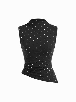 Cotton-blend High Neck Polka Dot Asymmetrical Hem Top & Mid Rise Capri Pants Set