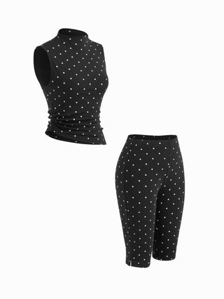Cotton-blend High Neck Polka Dot Asymmetrical Hem Top & Mid Rise Capri Pants Set