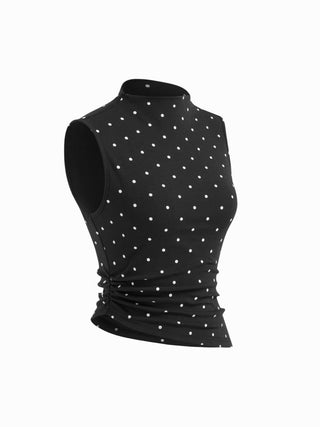 Cotton-blend High Neck Polka Dot Asymmetrical Hem Top & Mid Rise Capri Pants Set