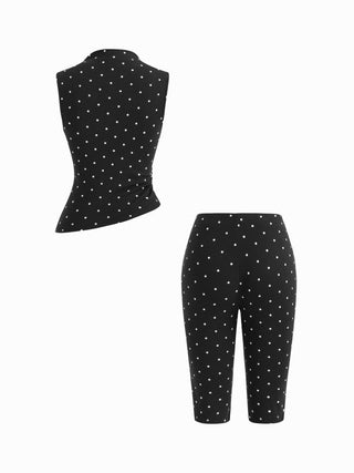 Cotton-blend High Neck Polka Dot Asymmetrical Hem Top & Mid Rise Capri Pants Set