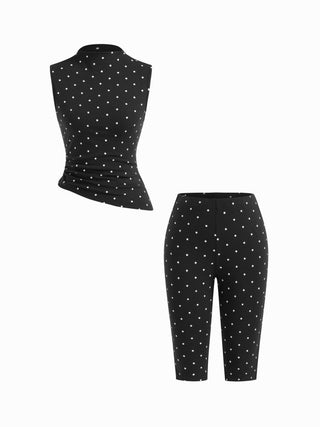 Cotton-blend High Neck Polka Dot Asymmetrical Hem Top & Mid Rise Capri Pants Set