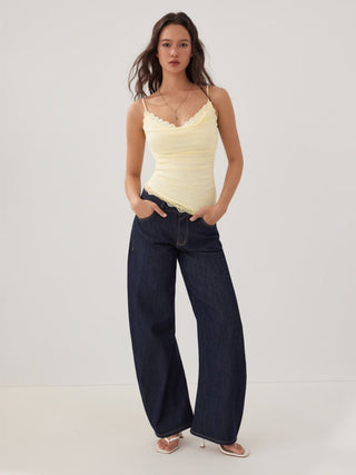 Sweetheart Neck Lace Panel Ruched Asymmetrical Hem Cami Top