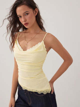 Sweetheart Neck Lace Panel Ruched Asymmetrical Hem Cami Top
