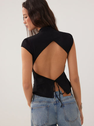 Stand Collar Short Sleeve Tie Front Cut Out Backless Slim Blouse