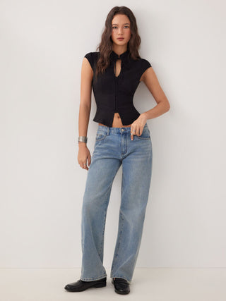 Stand Collar Short Sleeve Tie Front Cut Out Backless Slim Blouse