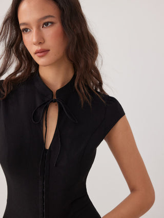 Stand Collar Short Sleeve Tie Front Cut Out Backless Slim Blouse