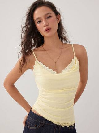 Sweetheart Neck Lace Panel Ruched Asymmetrical Hem Cami Top