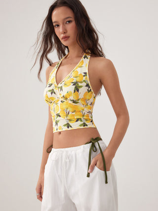 Cotton-blend Lemon Graphic Halter Neckline Backless Crop Cami Blouse