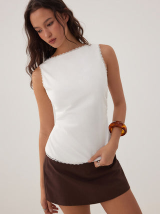 Linen-blend Boat Neck Lace Trim Knotted Sleeveless Blouse