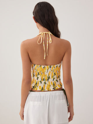 Cotton-blend Lemon Graphic Halter Neckline Backless Crop Cami Blouse
