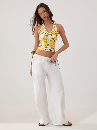 Cotton-blend Lemon Graphic Halter Neckline Backless Crop Cami Blouse