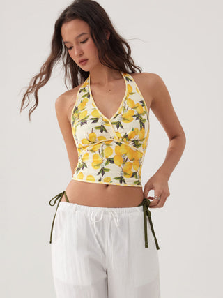 Cotton-blend Lemon Graphic Halter Neckline Backless Crop Cami Blouse